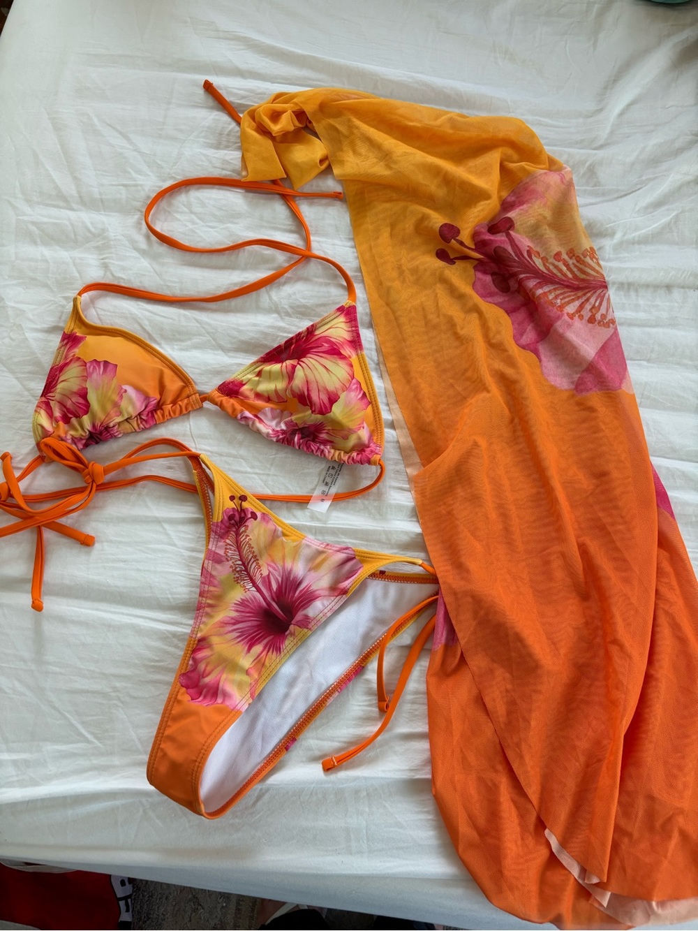 Orange Floral Triangle Bikini with Matching Sarong